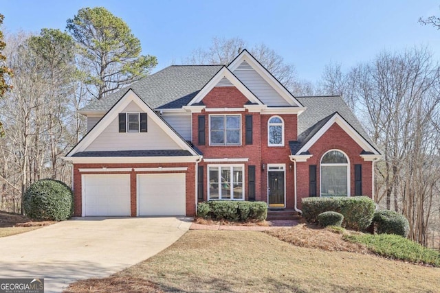 5034 Hickory Hills Dr, Woodstock, GA 30188 - view of front facade featuring brick siding, driveway, and roof with shingles