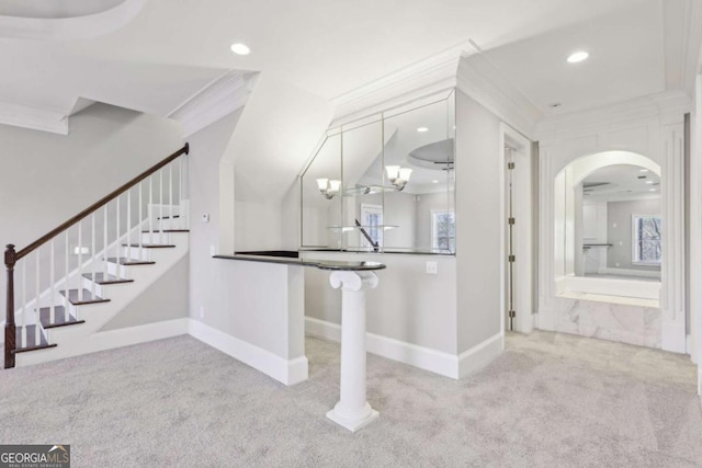5034 Hickory Hills Dr, Woodstock, GA 30188 - foyer with carpet, crown molding, baseboards, recessed lighting, and stairway