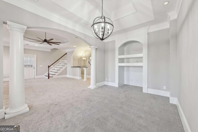 5034 Hickory Hills Dr, Woodstock, GA 30188 - unfurnished living room with decorative columns, carpet flooring, a ceiling fan, arched walkways, and recessed lighting