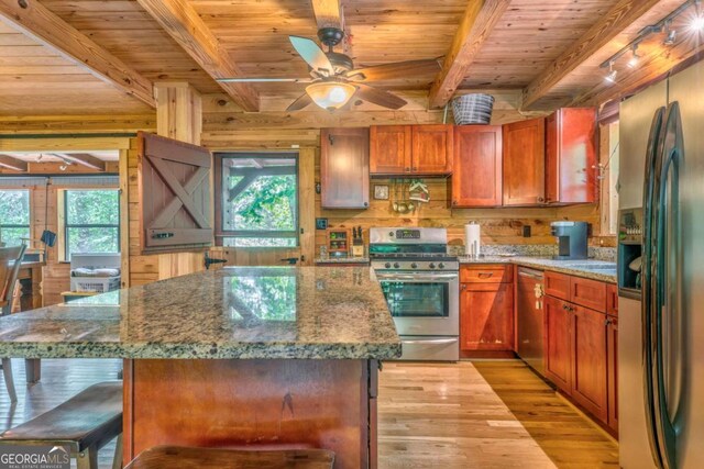 440 Treat Mountain Rd, Cedartown, GA 30125 - kitchen featuring stainless steel appliances, wooden ceiling, beamed ceiling, light wood-style floors, and a ceiling fan