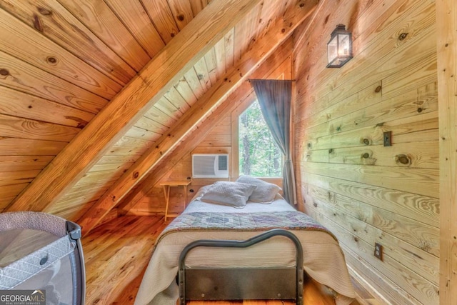440 Treat Mountain Rd, Cedartown, GA 30125 - bedroom with wood walls, vaulted ceiling, wood finished floors, wood ceiling, and an AC wall unit