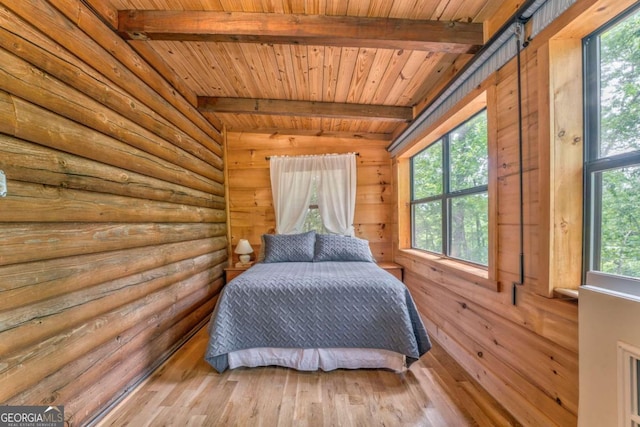 440 Treat Mountain Rd, Cedartown, GA 30125 - bedroom featuring beam ceiling, multiple windows, wood finished floors, wooden ceiling, and log walls