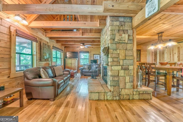 440 Treat Mountain Rd, Cedartown, GA 30125 - living room featuring beam ceiling, wood ceiling, wood finished floors, wooden walls, and a ceiling fan