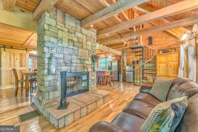 440 Treat Mountain Rd, Cedartown, GA 30125 - living room featuring wood ceiling, wood walls, hardwood / wood-style flooring, stairway, and a fireplace
