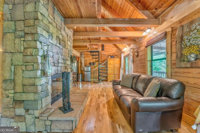 440 Treat Mountain Rd, Cedartown, GA 30125 - living area featuring wood ceiling, hardwood / wood-style floors, wood walls, and stairway