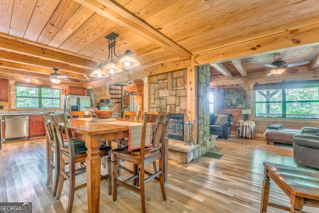 440 Treat Mountain Rd, Cedartown, GA 30125 - dining space with wood ceiling, ceiling fan, wooden walls, healthy amount of natural light, and light wood finished floors