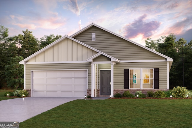 131 Pinehurst Ct, Dublin, GA 31021 - view of front of home featuring concrete driveway, brick siding, a front yard, board and batten siding, and an attached garage