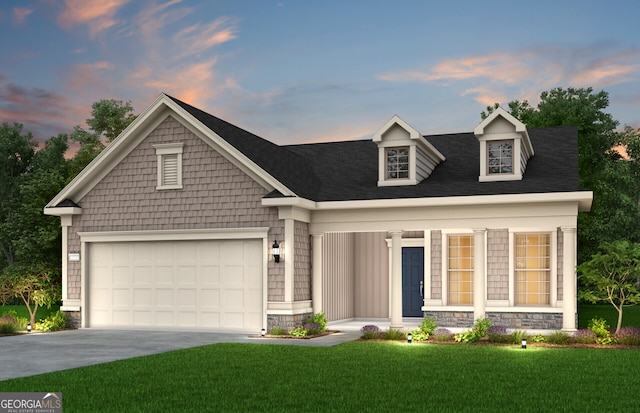 2608 Turnwater St, Hoschton, GA 30548 - view of front of home featuring stone siding, a lawn, concrete driveway, a porch, and a garage