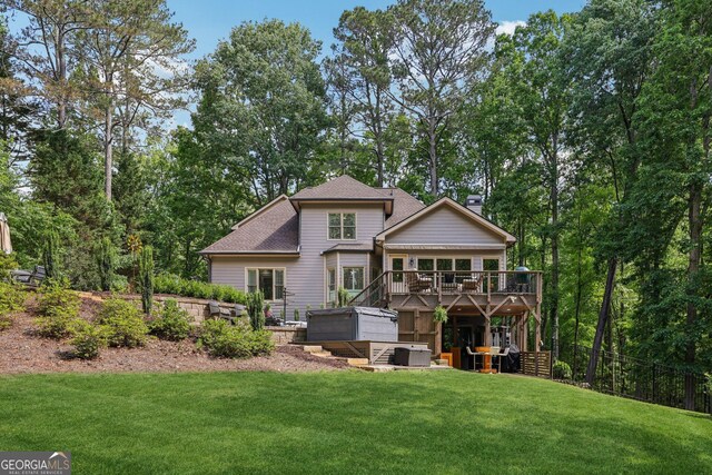 895 Freemanwood Ln, Milton, GA 30004 - back of house with a wooden deck, a hot tub, stairs, roof with shingles, and a chimney