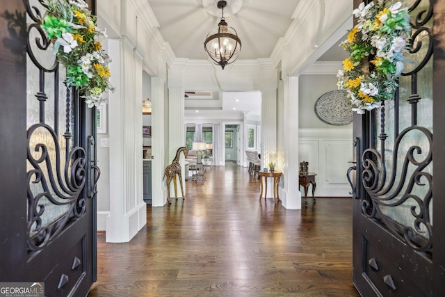 895 Freemanwood Ln, Milton, GA 30004 - entrance foyer featuring ornamental molding, a chandelier, and dark wood finished floors