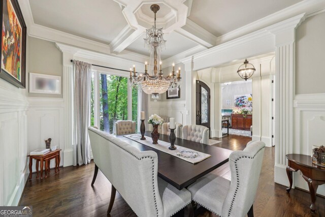 895 Freemanwood Ln, Milton, GA 30004 - dining space featuring a decorative wall, a chandelier, crown molding, coffered ceiling, and beamed ceiling
