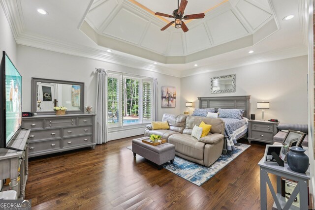 895 Freemanwood Ln, Milton, GA 30004 - bedroom featuring crown molding, coffered ceiling, dark wood finished floors, ceiling fan, and recessed lighting