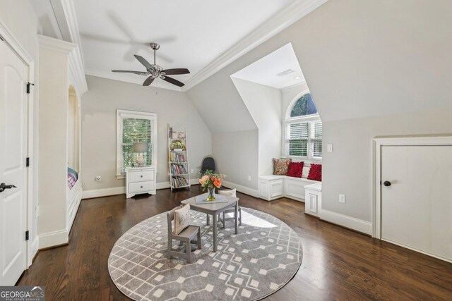 895 Freemanwood Ln, Milton, GA 30004 - game room featuring wood finished floors, a ceiling fan, ornamental molding, vaulted ceiling, and baseboards