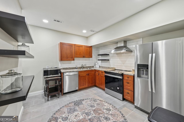 895 Freemanwood Ln, Milton, GA 30004 - kitchen with appliances with stainless steel finishes, wall chimney range hood, open shelves, tasteful backsplash, and light stone counters