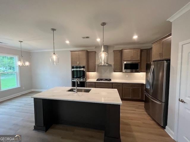 352 Harbour Island Cir, Waverly, GA 31565 - kitchen featuring stainless steel appliances, wall chimney exhaust hood, a sink, ornamental molding, and light wood-type flooring