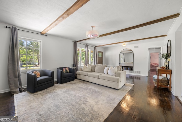 3770 Ponderosa Ln, Powder Springs, GA 30127 - living area featuring beamed ceiling, plenty of natural light, wood finished floors, and baseboards
