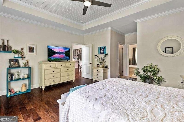 163 Thompson Ln, Jasper, GA 30143 - bedroom featuring dark wood-type flooring, a tray ceiling, crown molding, baseboards, and ceiling fan