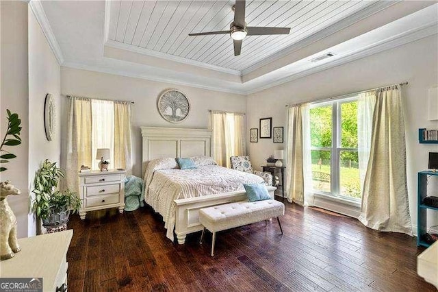 163 Thompson Ln, Jasper, GA 30143 - bedroom with a tray ceiling, ornamental molding, wood-type flooring, ceiling fan, and wood ceiling