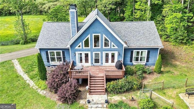 163 Thompson Ln, Jasper, GA 30143 - rear view of house featuring french doors, a deck, stairs, and a chimney