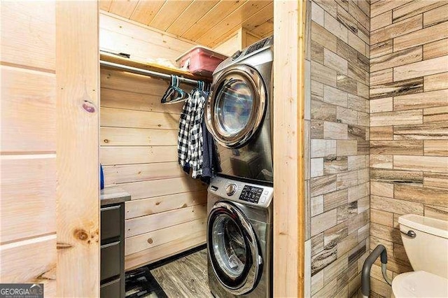 163 Thompson Ln, Jasper, GA 30143 - laundry room with stacked washer / drying machine, wooden walls, and wooden ceiling