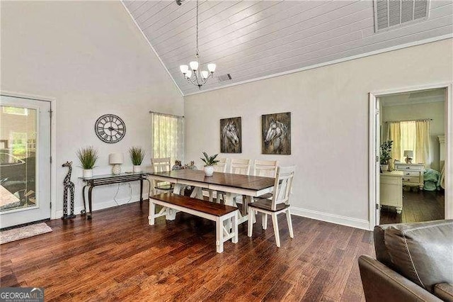 163 Thompson Ln, Jasper, GA 30143 - dining space with a chandelier, high vaulted ceiling, baseboards, wood finished floors, and ornamental molding