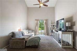 210 Cottonwood Creek Cir, Canton, GA 30114 - living room featuring ceiling fan, carpet floors, and high vaulted ceiling