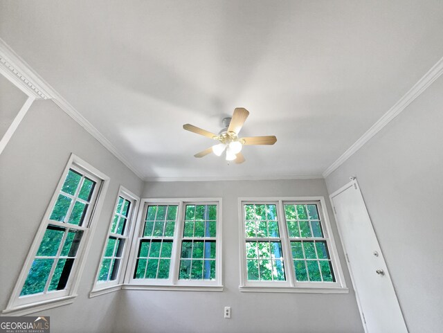 unfurnished room with a ceiling fan and crown molding