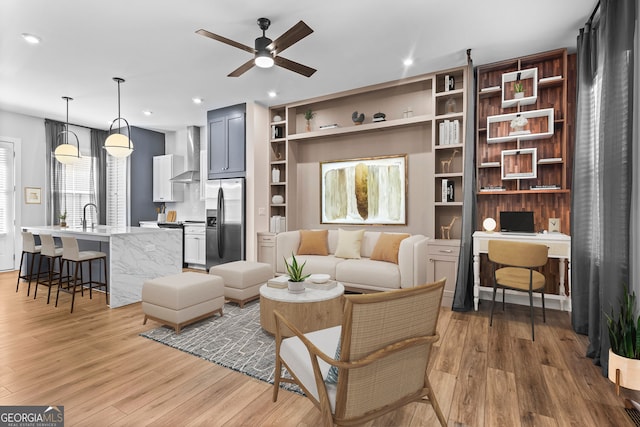 4462 Dandelion Ln, Atlanta, GA 30342 - living room with ceiling fan, light wood-style flooring, an office area, and recessed lighting