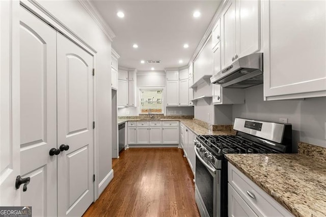 5816 Chamblee Dunwoody, Atlanta, GA 30338 - kitchen featuring appliances with stainless steel finishes, under cabinet range hood, dark wood-style floors, white cabinetry, and light stone countertops