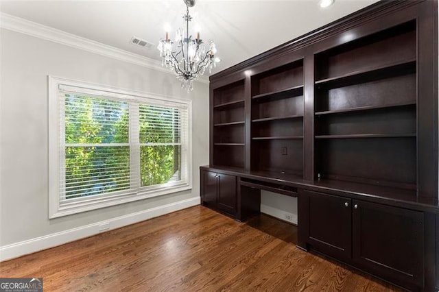 5816 Chamblee Dunwoody, Atlanta, GA 30338 - unfurnished office with crown molding, baseboards, a chandelier, and dark wood-style floors