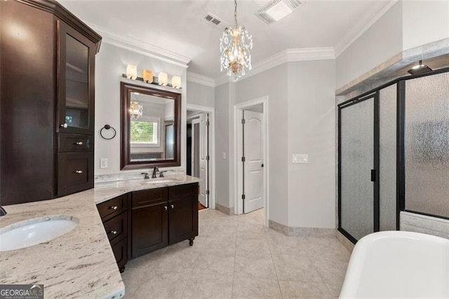 5816 Chamblee Dunwoody, Atlanta, GA 30338 - full bath featuring double vanity, a shower stall, crown molding, a freestanding bath, and a chandelier