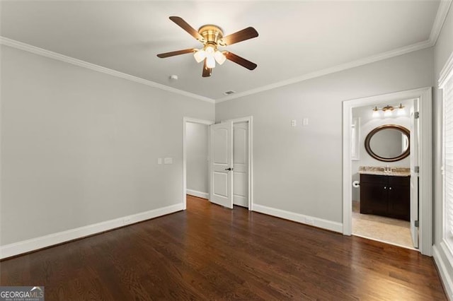 5816 Chamblee Dunwoody, Atlanta, GA 30338 - unfurnished bedroom with dark wood-type flooring, crown molding, a ceiling fan, and connected bathroom