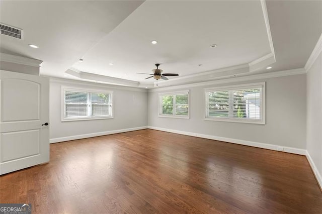 5816 Chamblee Dunwoody, Atlanta, GA 30338 - empty room featuring a raised ceiling, ornamental molding, ceiling fan, wood finished floors, and recessed lighting