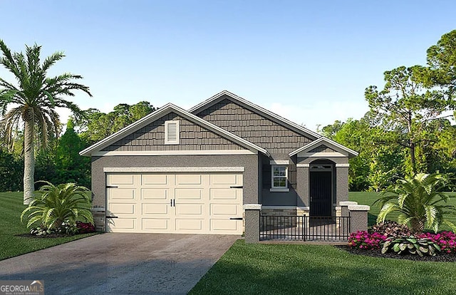 craftsman house with concrete driveway, a garage, a front yard, and stucco siding
