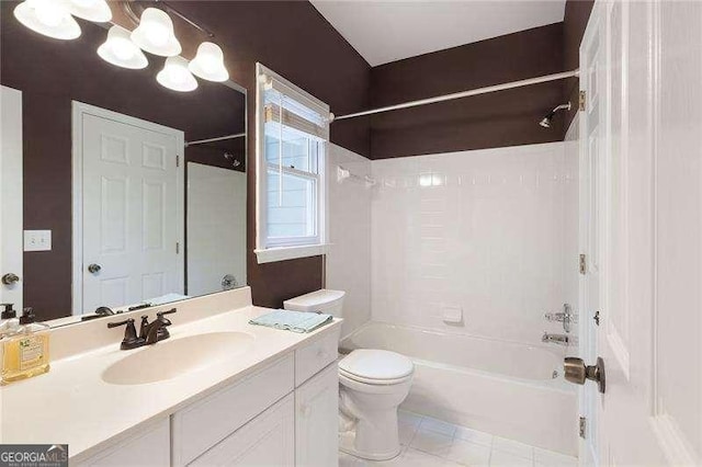 5065 Hickory Hills Dr, Woodstock, GA 30188 - full bathroom featuring bathing tub / shower combination, toilet, vanity, tile patterned flooring, and a chandelier
