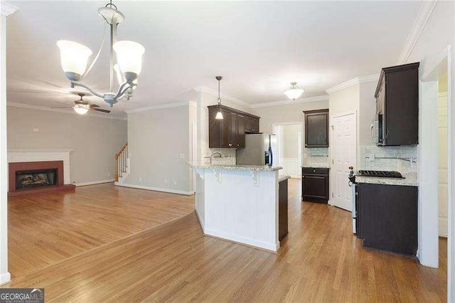 5065 Hickory Hills Dr, Woodstock, GA 30188 - kitchen with stainless steel appliances, dark brown cabinetry, a chandelier, light wood-style floors, and backsplash
