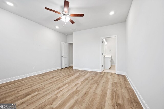 730 Lanarck Way, Peachtree City, GA 30269 - unfurnished bedroom featuring light wood-style floors, recessed lighting, connected bathroom, and ceiling fan