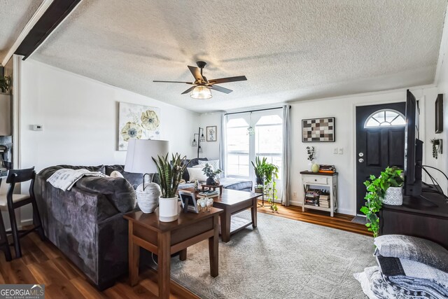 living room featuring a textured ceiling, dark wood-style floors, and a ceiling fan