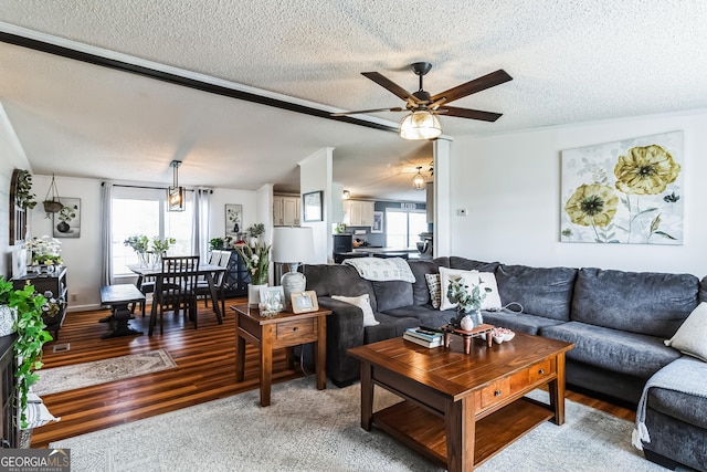living room with plenty of natural light, a textured ceiling, a ceiling fan, and light wood-style flooring