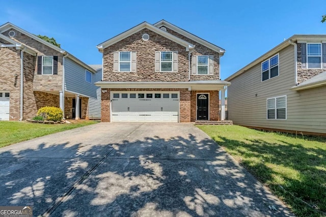 1436 Arbor Place Dr, Morrow, GA 30260 - view of front of home with an attached garage, driveway, a front lawn, stone siding, and brick siding