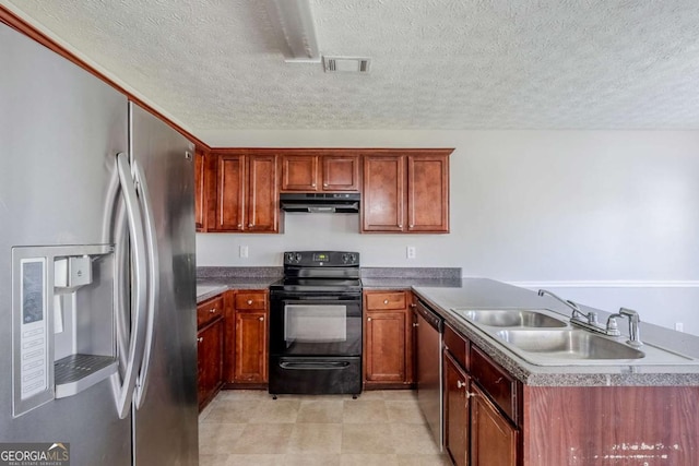 1436 Arbor Place Dr, Morrow, GA 30260 - kitchen featuring stainless steel appliances, under cabinet range hood, a sink, a textured ceiling, and a peninsula