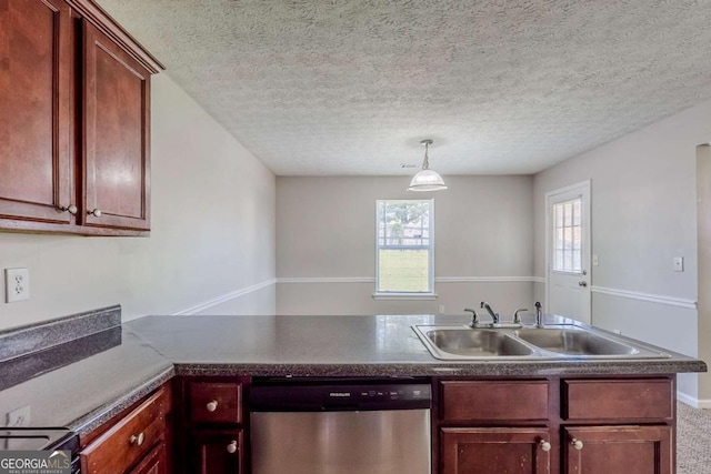 1436 Arbor Place Dr, Morrow, GA 30260 - kitchen with dishwasher, a sink, a peninsula, black electric range oven, and decorative light fixtures
