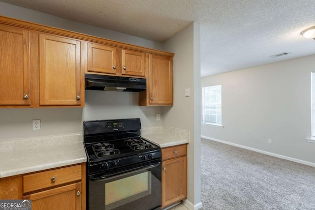 3531 Brookstone Way, Union City, GA 30291 - kitchen with gas stove, under cabinet range hood, light carpet, light countertops, and a textured ceiling