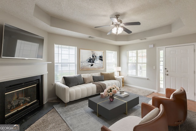3531 Brookstone Way, Union City, GA 30291 - living room with a raised ceiling, a textured ceiling, a ceiling fan, plenty of natural light, and baseboards