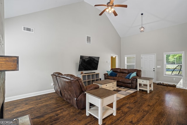 121 Bob Cat Trl, Mansfield, GA 30055 - living area featuring high vaulted ceiling, ceiling fan, and wood finished floors