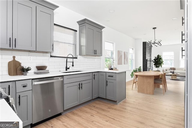 994 Byron Dr SW, Atlanta, GA 30310 - kitchen with stainless steel dishwasher, gray cabinetry, a sink, light wood-style floors, and tasteful backsplash