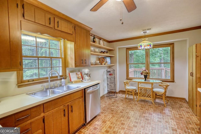 3311 Creek Hollow Dr, Marietta, GA 30062 - kitchen featuring dishwasher, open shelves, light countertops, brick patterned floors, and ceiling fan