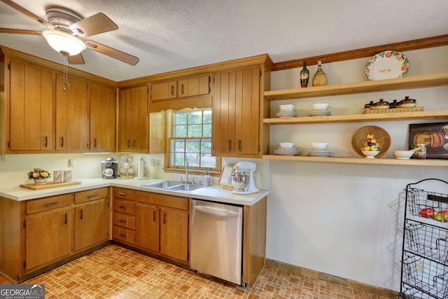3311 Creek Hollow Dr, Marietta, GA 30062 - kitchen featuring stainless steel dishwasher, light countertops, brick patterned floors, and a ceiling fan