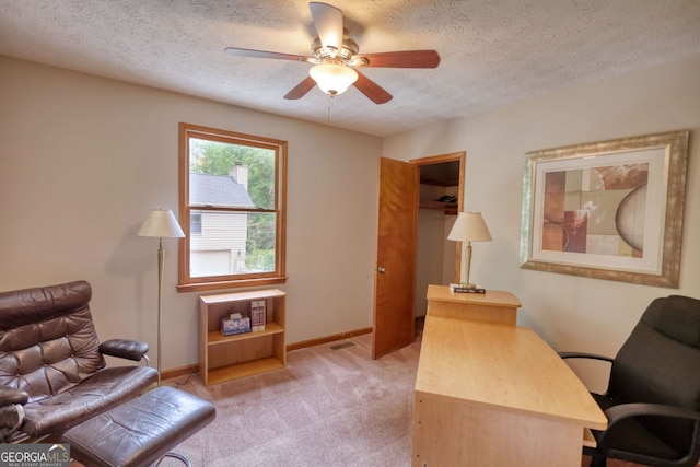 3311 Creek Hollow Dr, Marietta, GA 30062 - home office featuring a ceiling fan, a textured ceiling, and light carpet