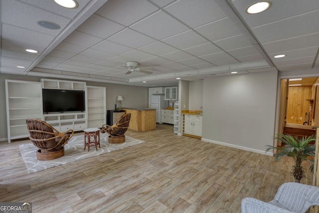 3311 Creek Hollow Dr, Marietta, GA 30062 - living room featuring light wood-type flooring, ceiling fan, a drop ceiling, and recessed lighting